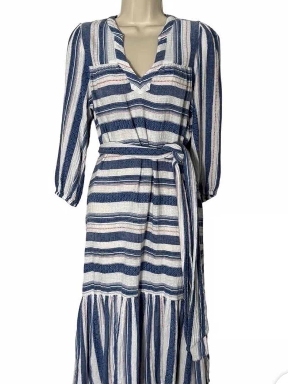 DRA Jenwin Dress Women's S Blue Red White Textural Stripe Ruffles Coastal FLAW